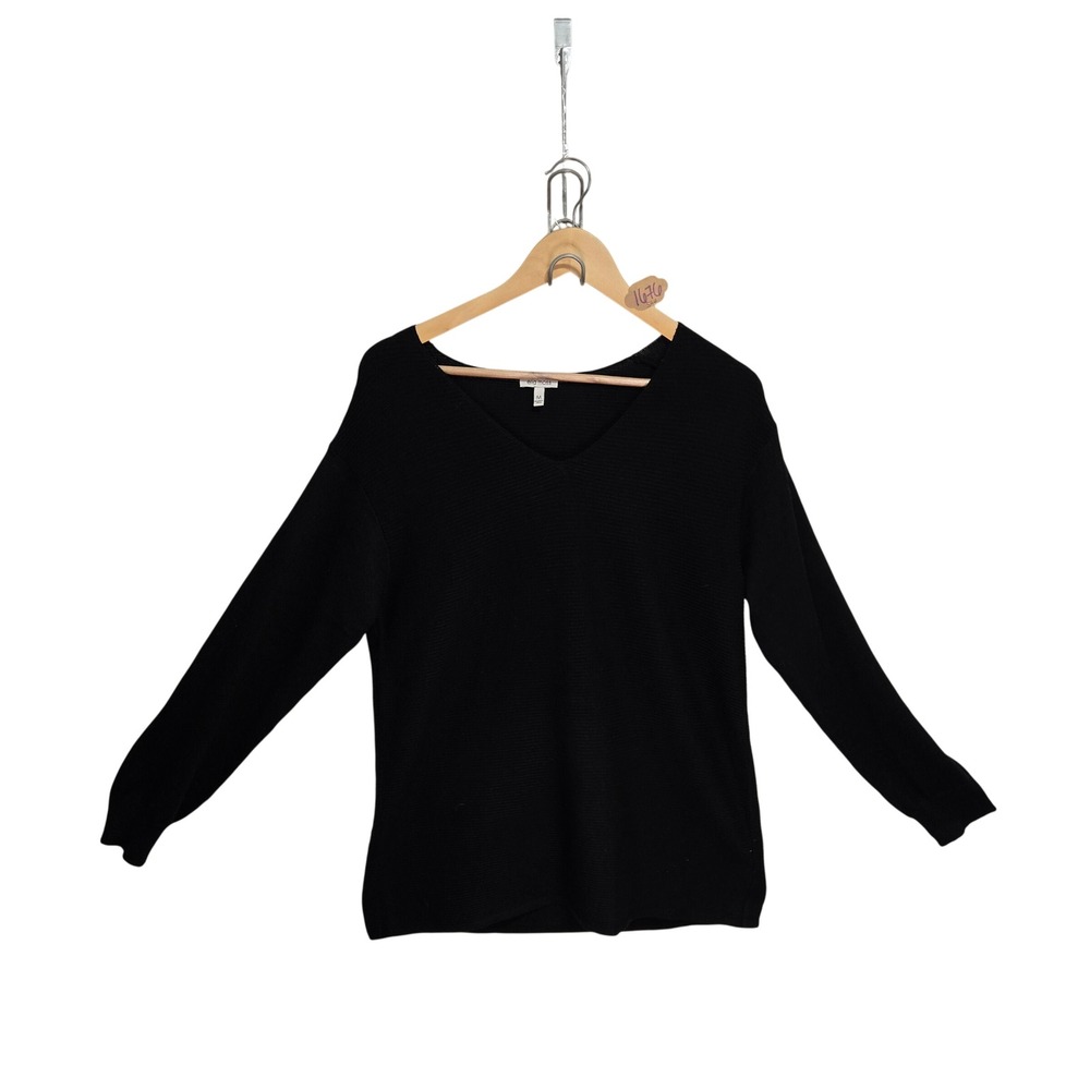 Ella Moss Womens Black V-Neck Ribbed Knit Long Sleeve Sweater Size M